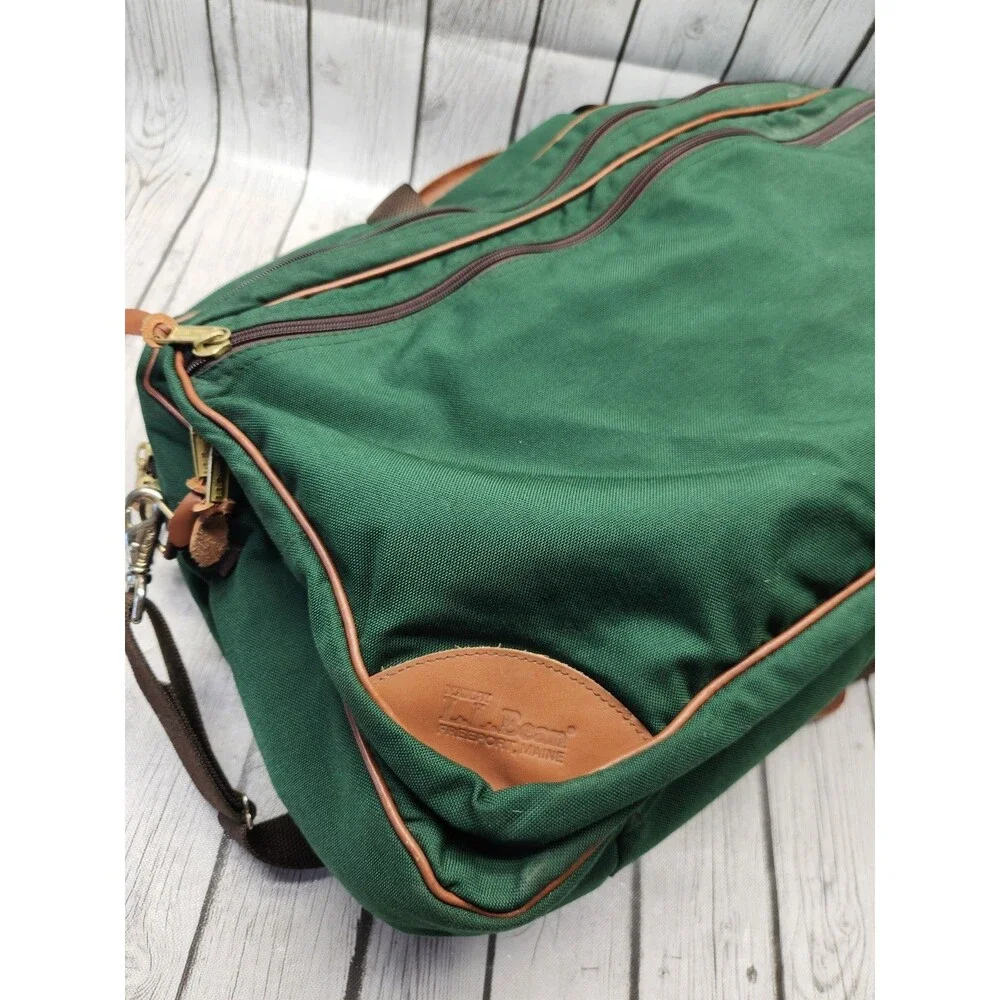 Vtg L.L. Bean Forest Green Canvas Duffle Bag Leather Trim Brass Hardware Travel